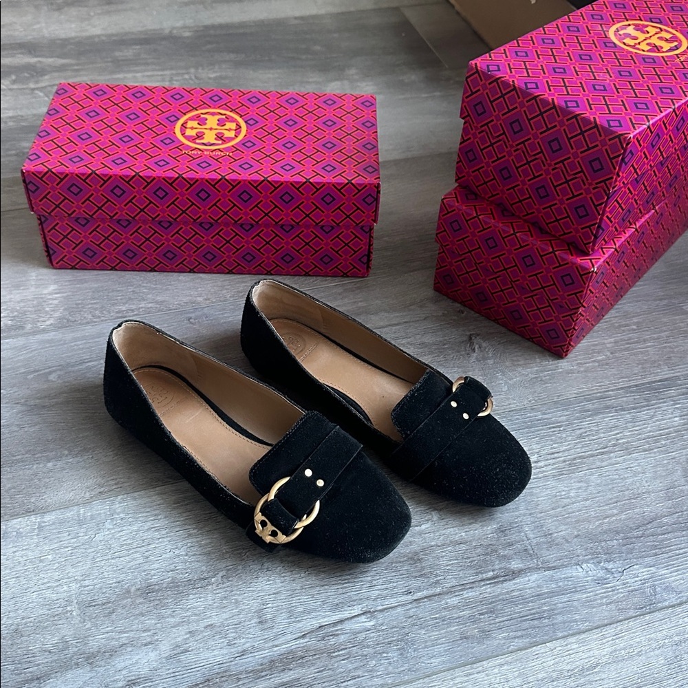 Tory Burch Black Suede Loafers with Gold Buckle